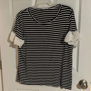 Boutique navy and white striped top with lace details
